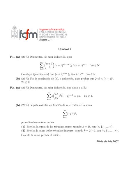 Control 4 Álgebra Ingenier ıa Matem atica FACULTAD DE CIENCIAS F