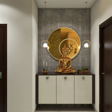 Compact Foyer Design With Golden Framed Mirror Livspace