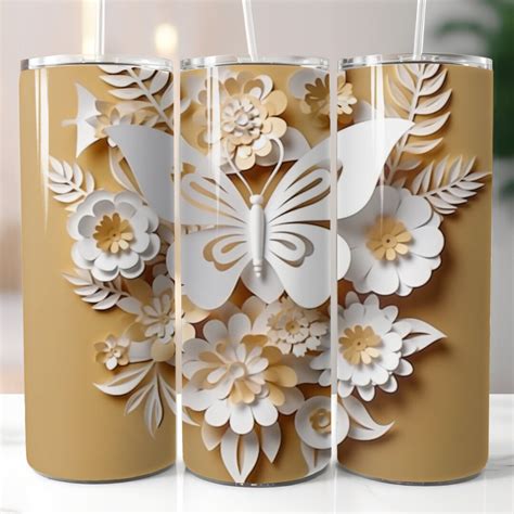 3d White Butterfly And Flowers 20oz Skinny Tumbler Sublimation Design