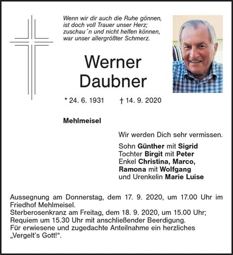 Traueranzeigen Von Werner Daubner Nordbayerischer Kurier