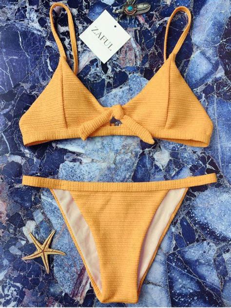 Front Tied Textured Thong Bikini Set Yellow Bikinis S Zaful