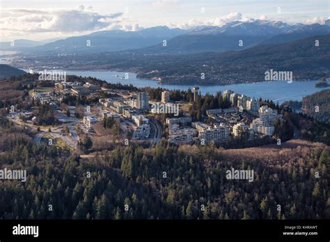 Aerial view of Simon Fraser University (SFU) on Burnaby Mountain ...