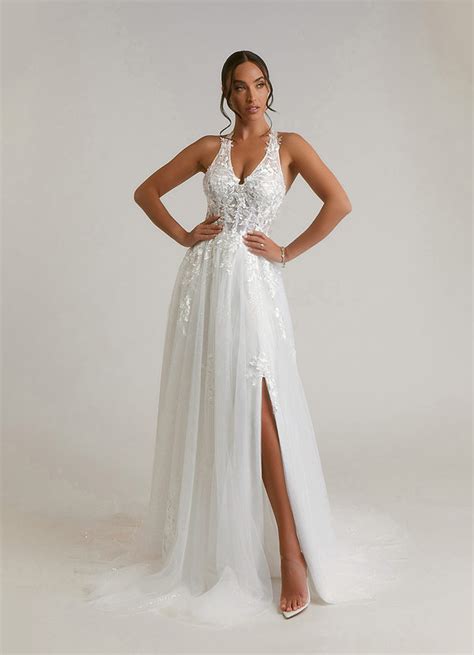 Blanc De Diamant Azazie Dysis Robe A Ligne En Tulle Paillettes Dos Nu