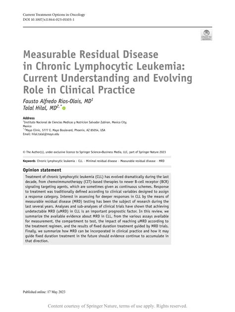 Measurable Residual Disease In Chronic Lymphocytic Leukemia Current