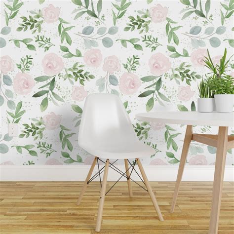 Peel And Stick Wallpaper 2ft Wide Blush Rose Pink Eucalyptus Flowers Floral Nature Roses