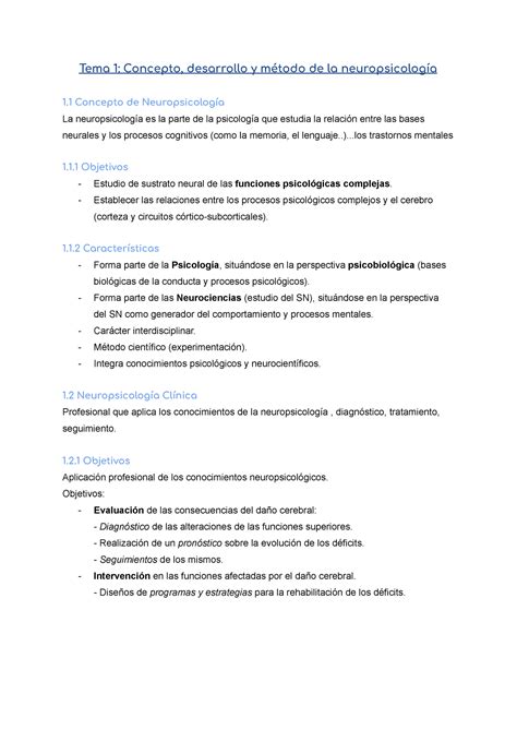 Apuntes Tema Neuropsicolog A Tema Concepto Desarrollo Y M Todo