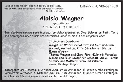 Traueranzeigen Von Aloisia Wagner Ostalbtrauer