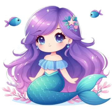 Imagem 3d Da Menina Sereia Kawaii Na Cor Azul Cabelo Roxo PNG