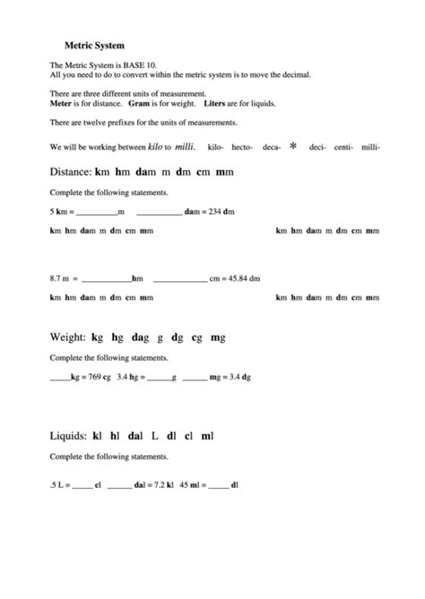 Metric System Math Worksheet printable pdf download