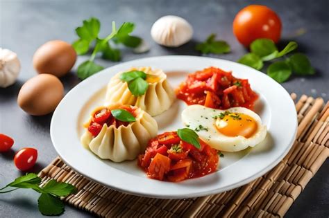 Premium AI Image A Plate Of Dumplings With Eggs And Tomato Sauce