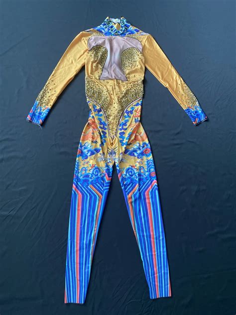 Chinese Queen Cosplay Costume Sexy Nude Dragon Print Rhinestone Playsuit Women Club One Piece