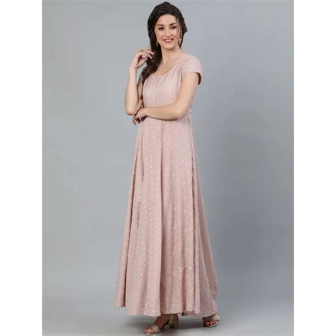 Aks Couture Women S Nude Dobby Golden Zari Work Flared Maxi Dress S Wholesale Tradeling