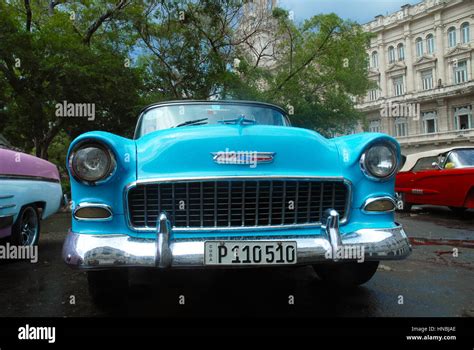 Blue Vintage Car Parque Central Havana Cuba Stock Photo Alamy