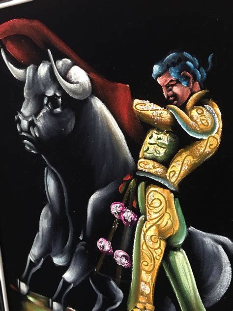 Vintage Black Velvet Matador Painting Bull Fighting Painting Mexican