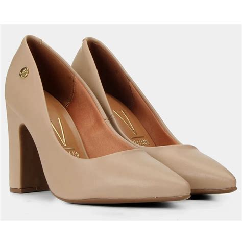 Scarpin Vizzano Bico Fino Salto Bloco Alto Nude Bege