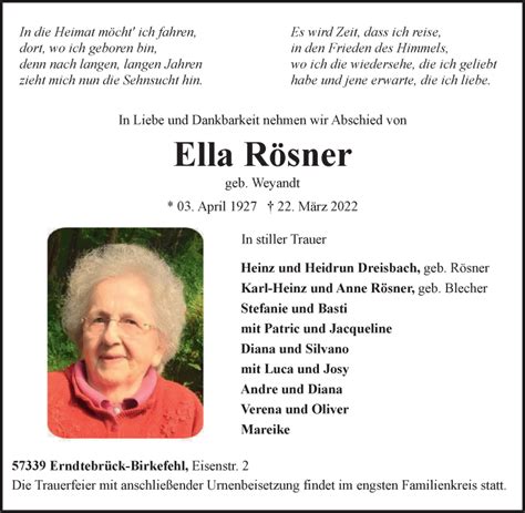 Traueranzeigen Von Ella R Sner Trauer In Nrw De