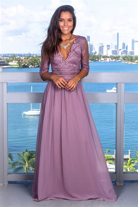 Mauve V Neck Maxi Dress With Mesh Embroidered Sleeves Maxi Dresses