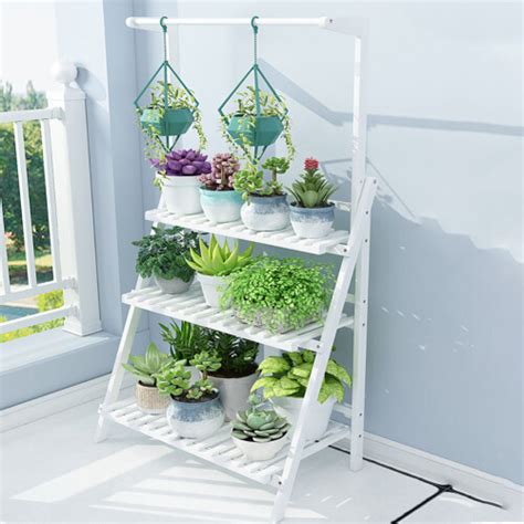 3 Tier Foldable Plant Stand Ladder Shelf With Hanging Bar On OnBuy