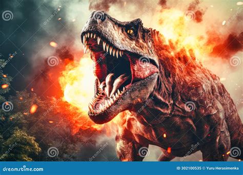 A Terrible Dinosaur Tyrannosaurus T Rex With An Open Huge Mouth And