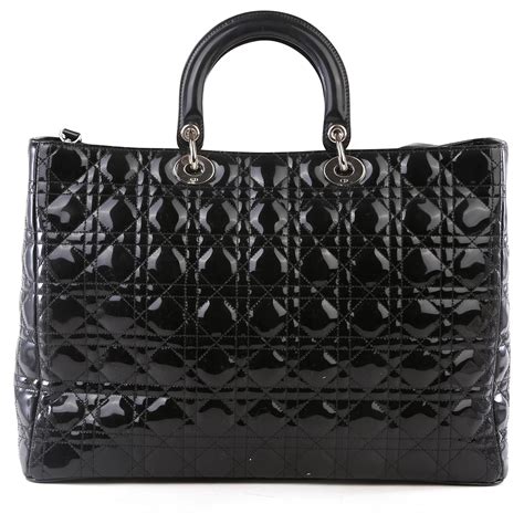 Christian Dior Grand Sac Cabas Lady Dior En Cuir Verni Noir Cuir Vernis