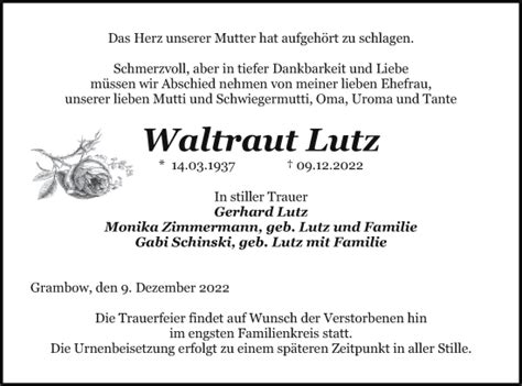 Traueranzeigen Von Waltraut Lutz Trauer Nordkurier