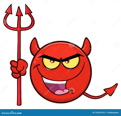 Red Devil Cartoon Emoji Face Character With Evil Expressions Holding A