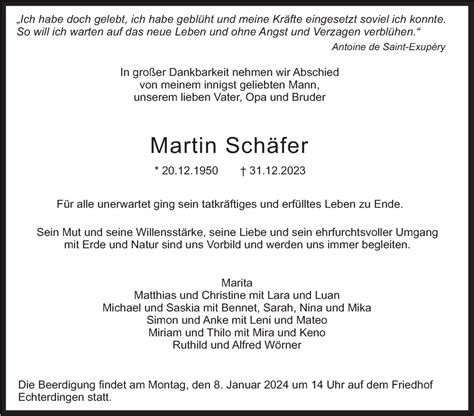 Traueranzeigen von Martin Schäfer stuttgart gedenkt de