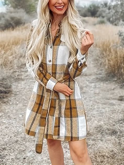 Plaid Print Button Front Dress Elegant Long Sleeve Mini Temu New Zealand