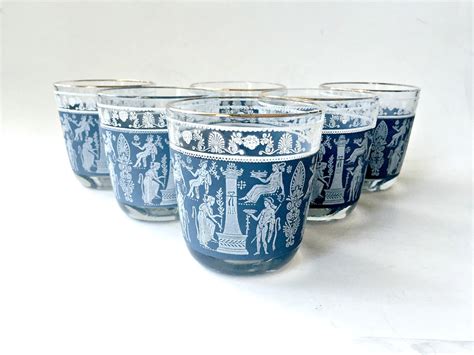 Set Of Six Mid Century Corinthian Blue Jeanette Glasses Gold