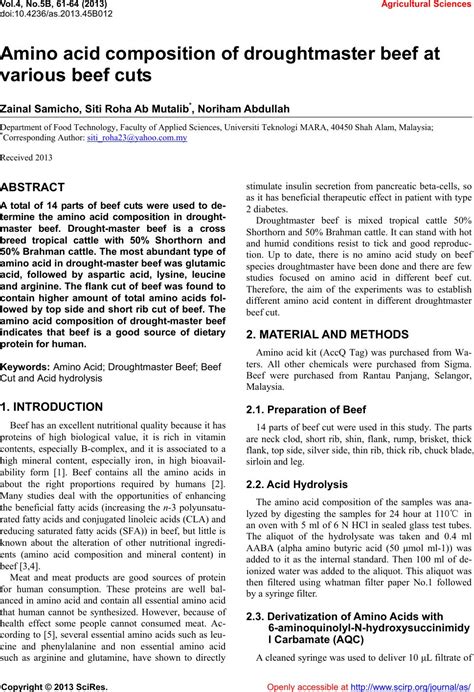 Amino Acid Composition Of Droughtmaster Beef At Various Beef Cuts