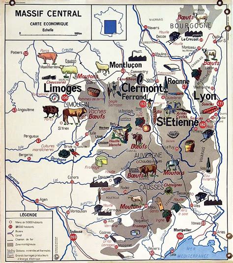 Sold Price Massif Central Carte De La Région Avec Toutes Ses Productions And Métiers Vers 1950