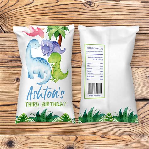 Editable Dinosaur Chip Bags Template Printable Boy Birthday Party Jurassic Dinosaurs Chip Bag