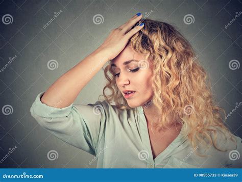 Sad Woman With Worried Stressed Face Expression Looking Down Stock