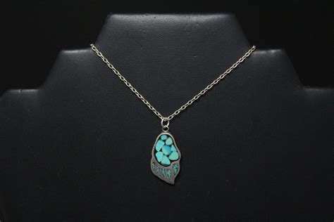 Sterling Silver Turquoise Inlay Bear Paw Necklace Navajo Bear Paw