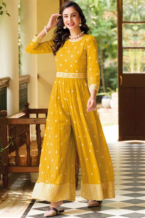 Buy Ready To Wear Mustard Embroidered Georgette Indo Western Jumpsuit