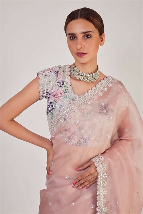 Buy Onaya Peach Organza Embroidered Saree And Blouse Set Online Aza