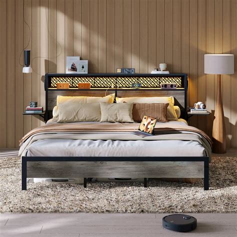 Bestier Gray Metal Frame Queen Platform Bed with Wood Storage Headboard ...