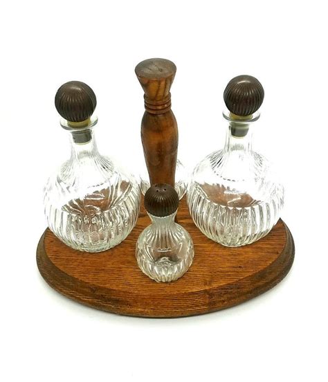 Vintage Oil Vinegar Cruet Salt And Pepper Shakers Set Wood Etsy