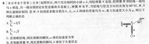 3 滚动考查牛顿第二定律 如图所示，两个完全相同的小球a、b，用轻弹簧n连接，轻弹簧m和轻绳一端均与a相连，另一端分别固定在竖直墙和天花板上