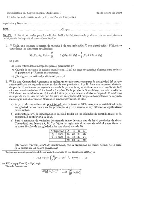 2019 enero ADE Examen Estadística Studocu