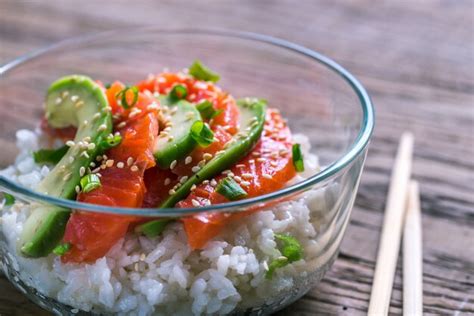 Premium Photo White Rice With Salmon And Avocado