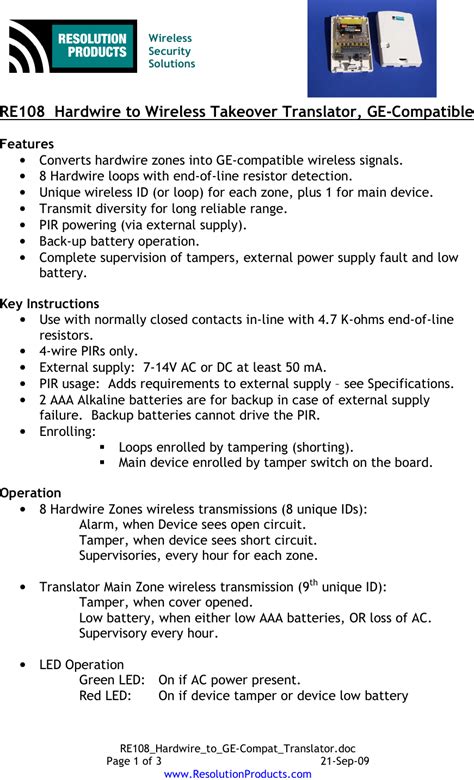 Resolution RE108 8 Zone Security Transmitter User Manual RE108 Hardwire