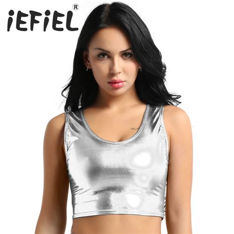 Newest Fashion Female Women Girls Shiny Metallic Scoop Neck Tank Crop