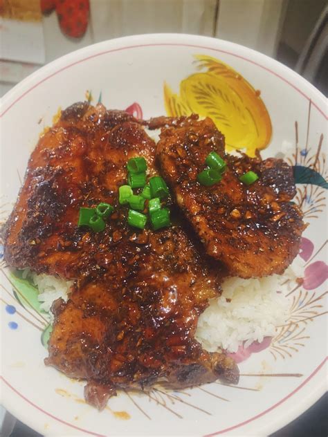 Homemade Honey Garlic Pork Chops Over White Rice Rfood