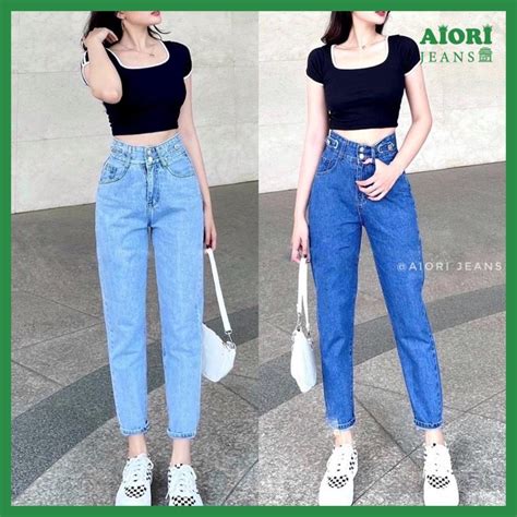 [xẢ Kho] Quần Jean Nữ Aiori Lưng Cao 2 Nút Baggy Bò Trơn Cạp Cao Ulzzang Phong Cách Thời Trang