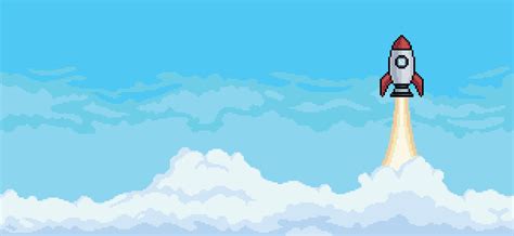 Pixel art background with rocket flying in sky with clouds background ...