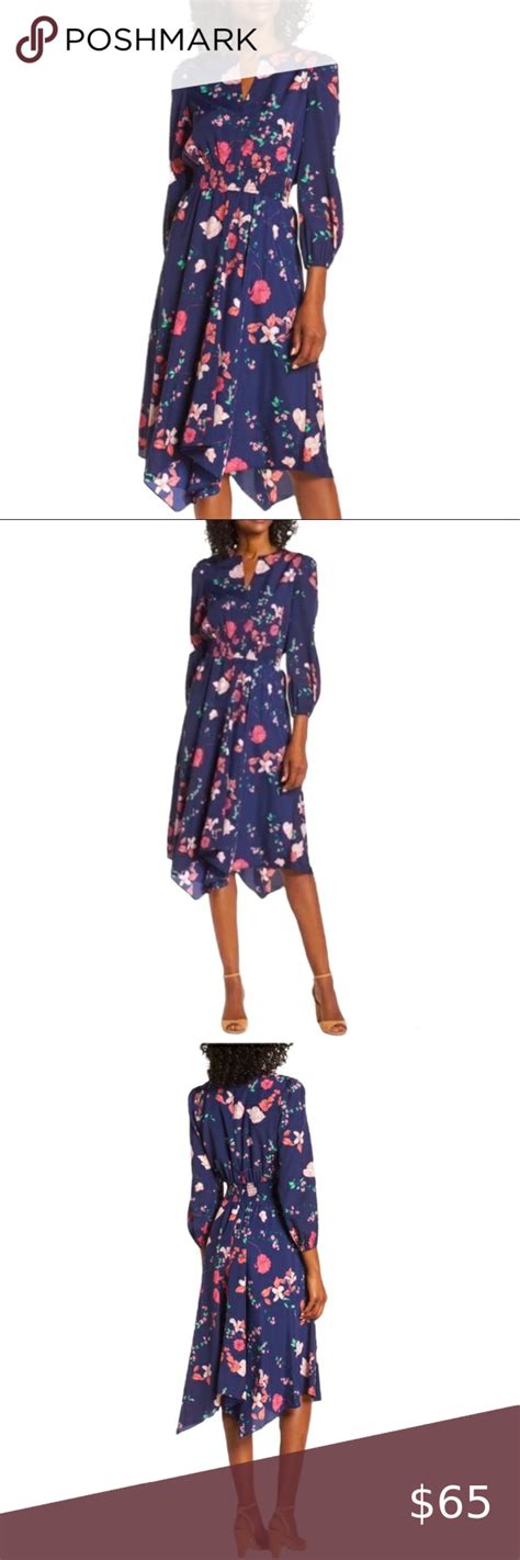 Eliza J Navy Bright Floral Poet Sleeve Smock Waist Midi Dress Size 8