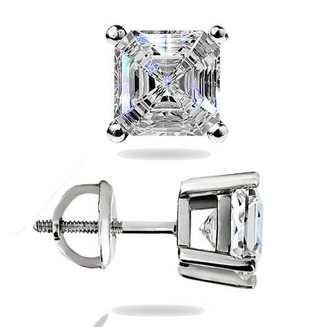 1 55 Ct Created Asscher Cut Stud Earrings Basket Set 14K White Gold