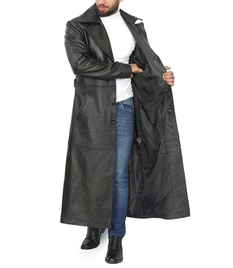 Mens Black Full Length Leather Coat Long Trench Coat