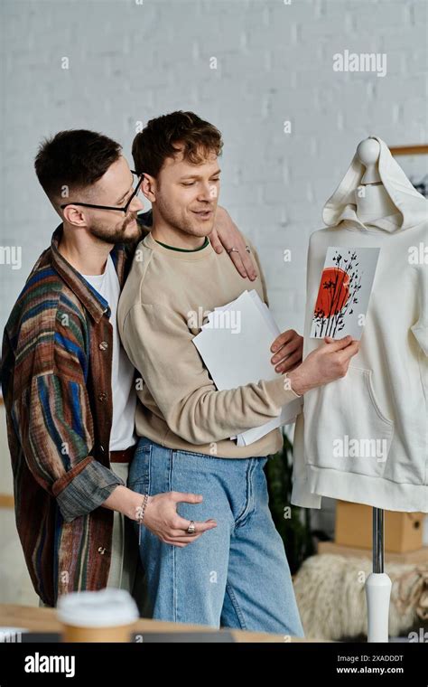 Two Men Part Of A Gay Couple Carefully Study A Fashionable Shirt Displayed On A Mannequin